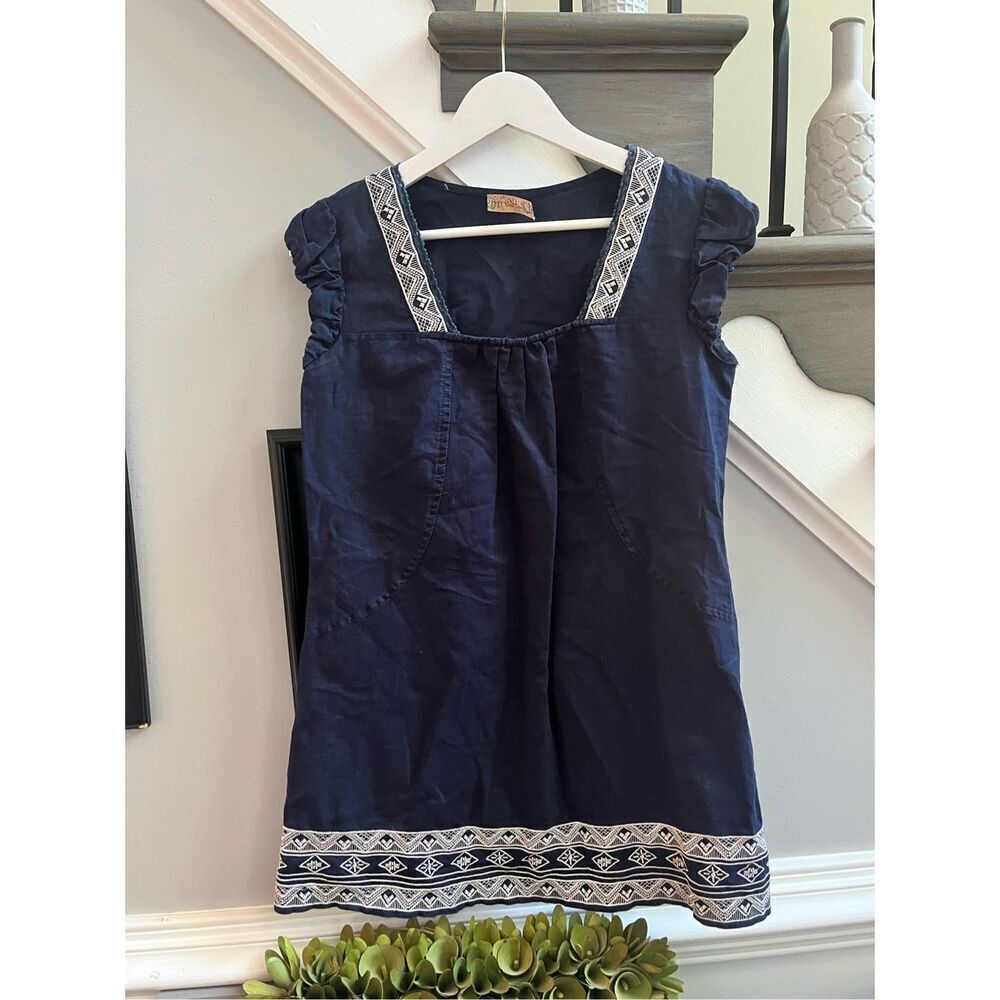 Criss Cross Navy Linen Embroidered Ruffle Cap Sleeve Dress sz S